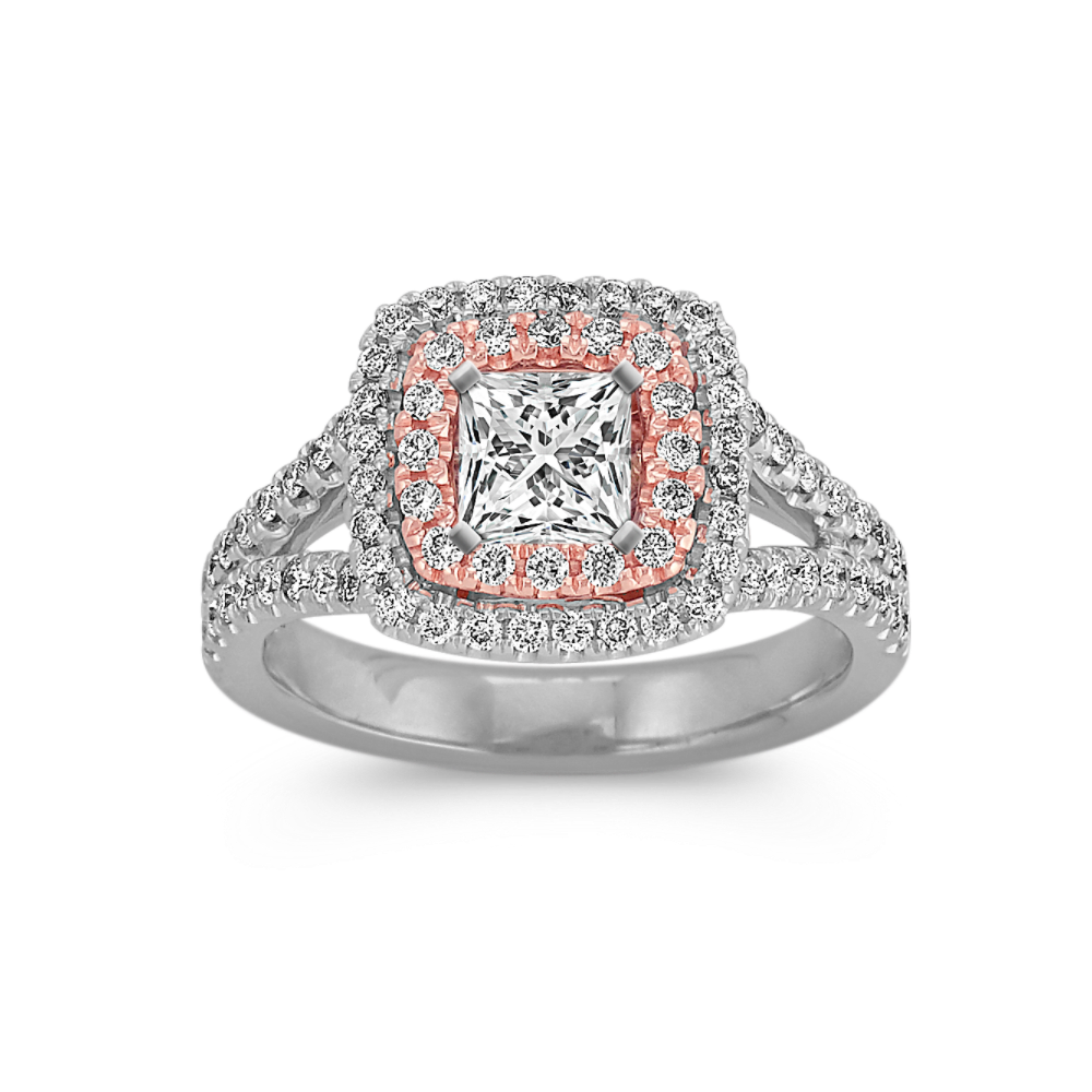 Double Halo Natural Diamond Engagement Ring in 14k Two-Tone Gold
