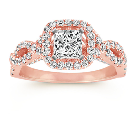Infinity Halo Diamond Engagement Ring in 14k Rose Gold with Princess Cut Diamond
