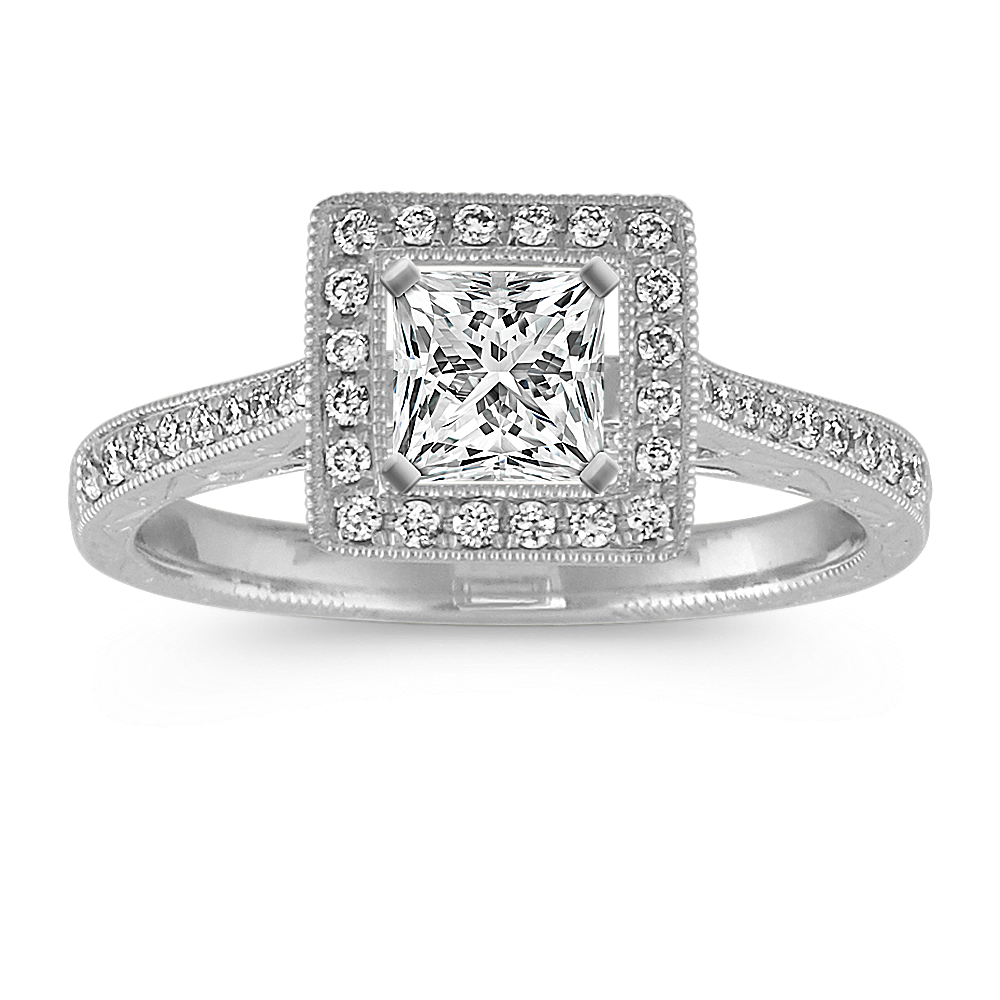Princess Halo Vintage Engagement Ring with Round Diamonds