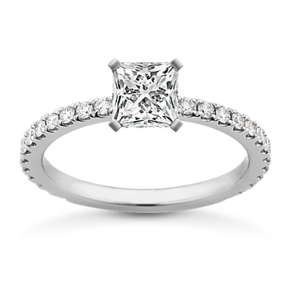 Pave-Set Diamond Engagement Ring in 14k White Gold with Princess Cut Diamond