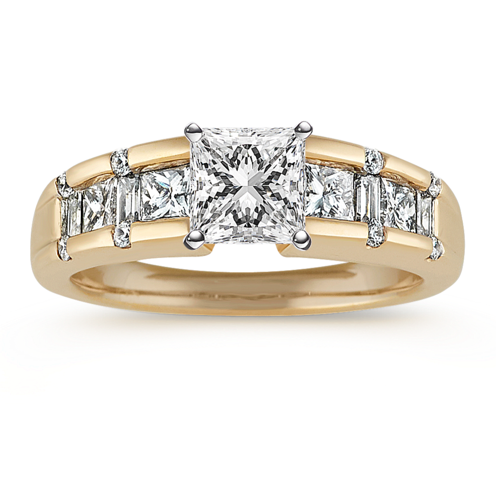 Princess Cut, Baguette, and Round Diamond Engagement Ring