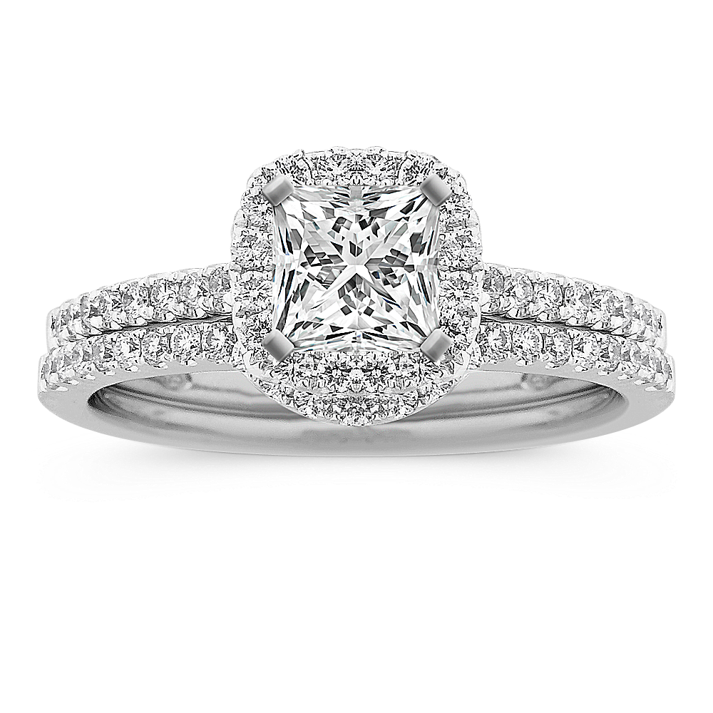 Halo Diamond Wedding Set with Pave-Set Round Diamonds
