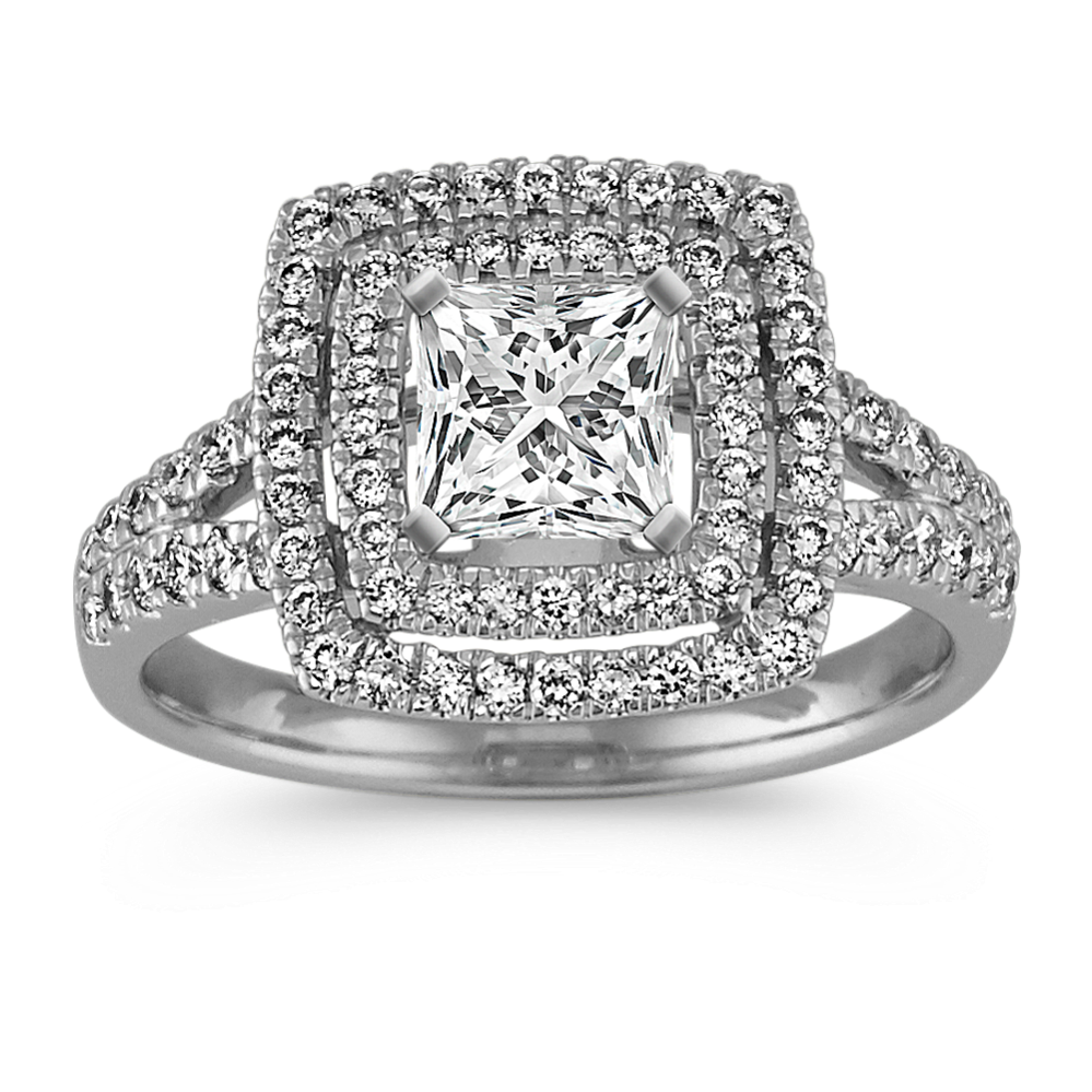 Double Halo and Split Shank Pave-Set Diamond Engagement Ring