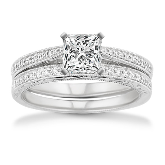 Vintage Cathedral Diamond Wedding Set with Pave Setting