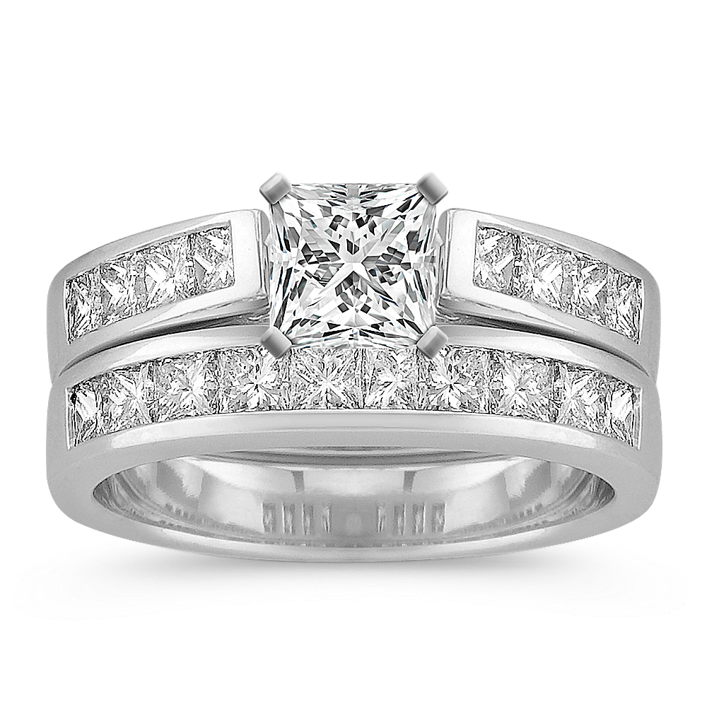 3 Stone Princess Cut Diamond Engagement Ring with Channel Set Diamond Accents in 14K White Gold