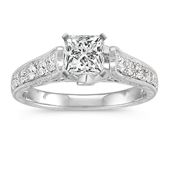 Vintage Cathedral Diamond Platinum Engagement Ring with Pave Setting