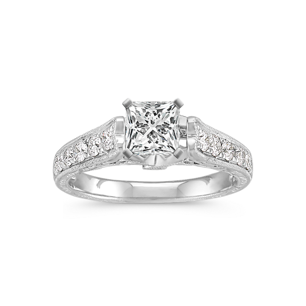 Vintage Cathedral Diamond Platinum Engagement Ring with Pave Setting