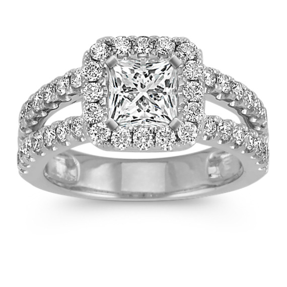 Split Shank Halo Diamond Engagement Ring with Pave-Setting