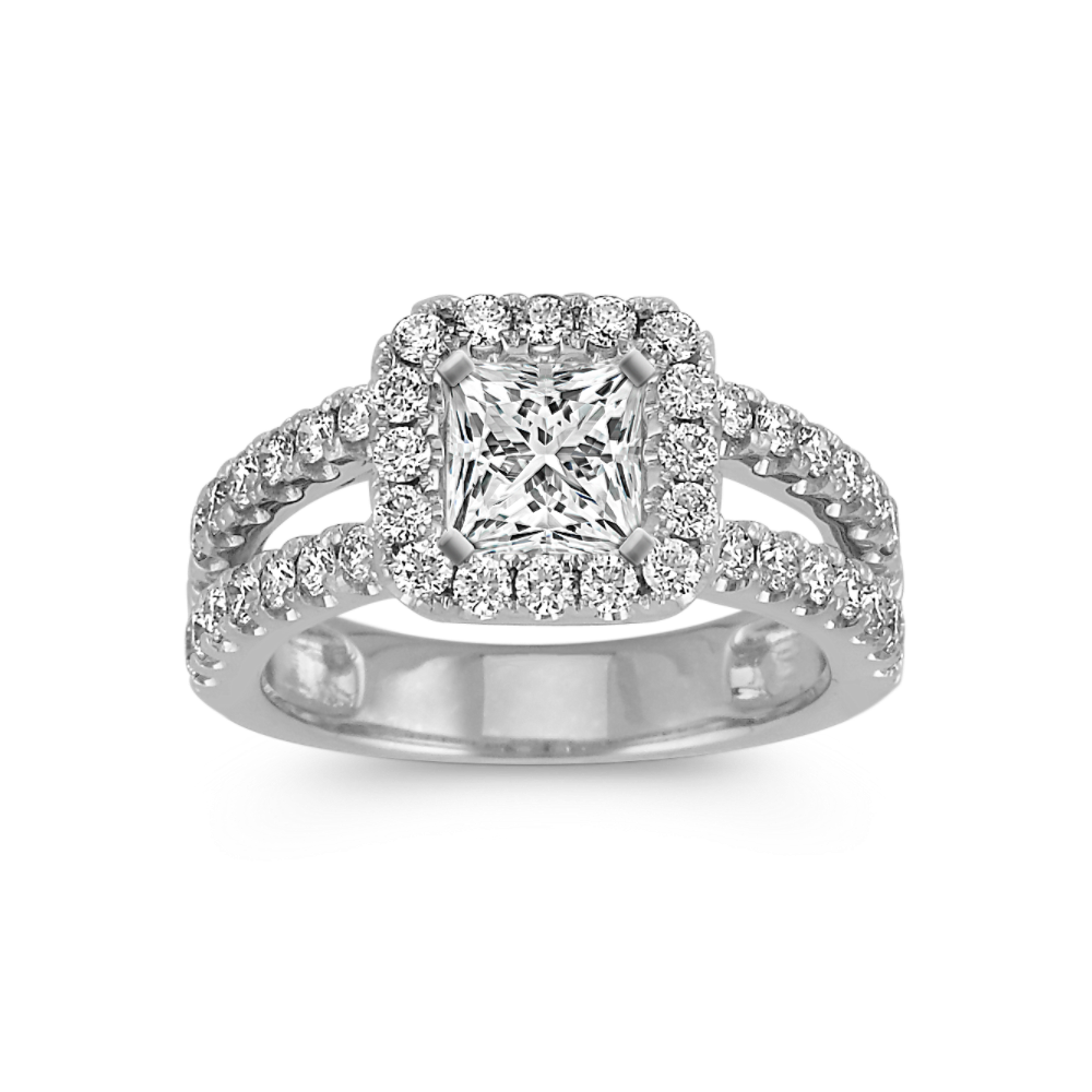 Split Shank Halo Diamond Engagement Ring with Pave-Setting
