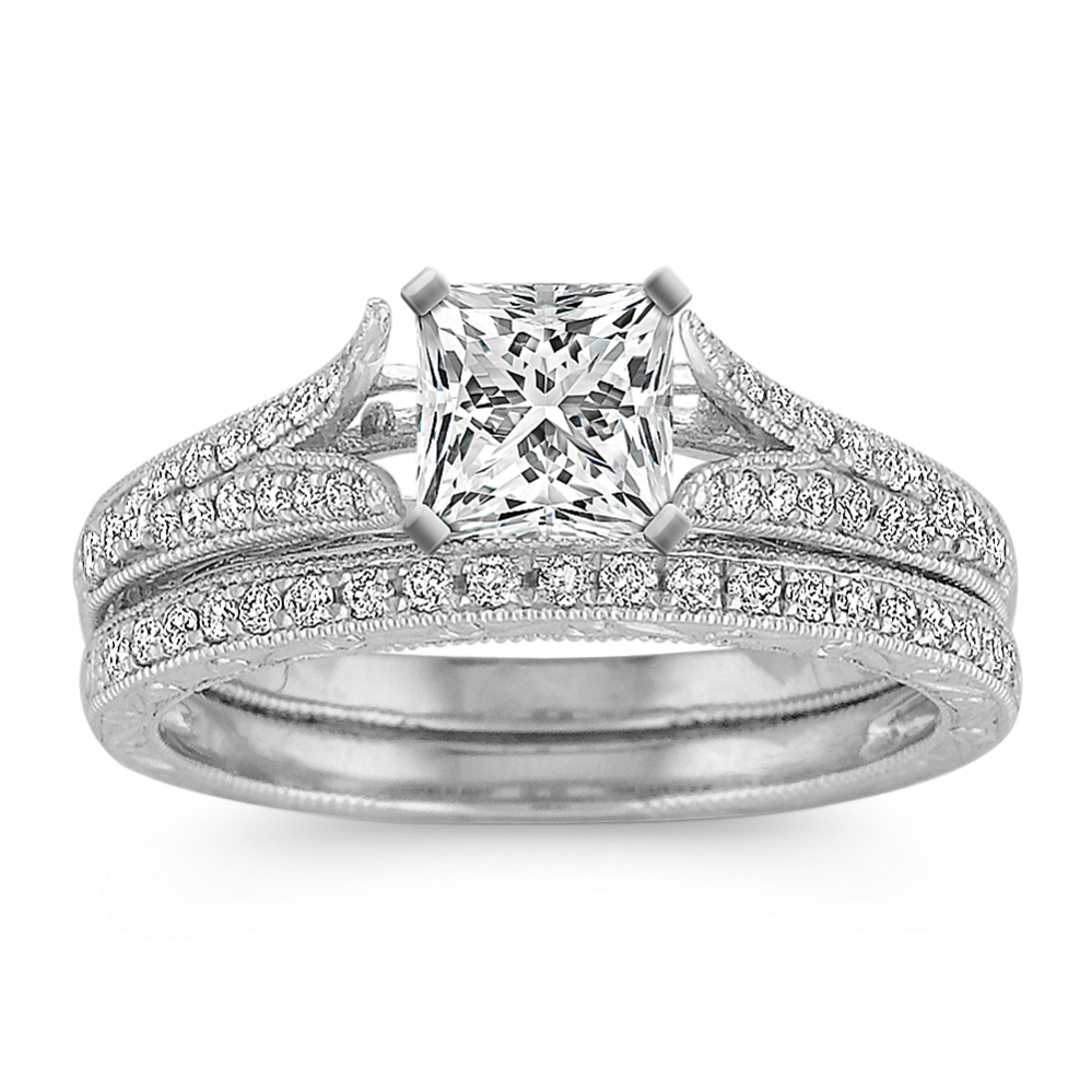 Vera Vintage Cathedral Diamond Wedding Set in Platinum with Pave Setting