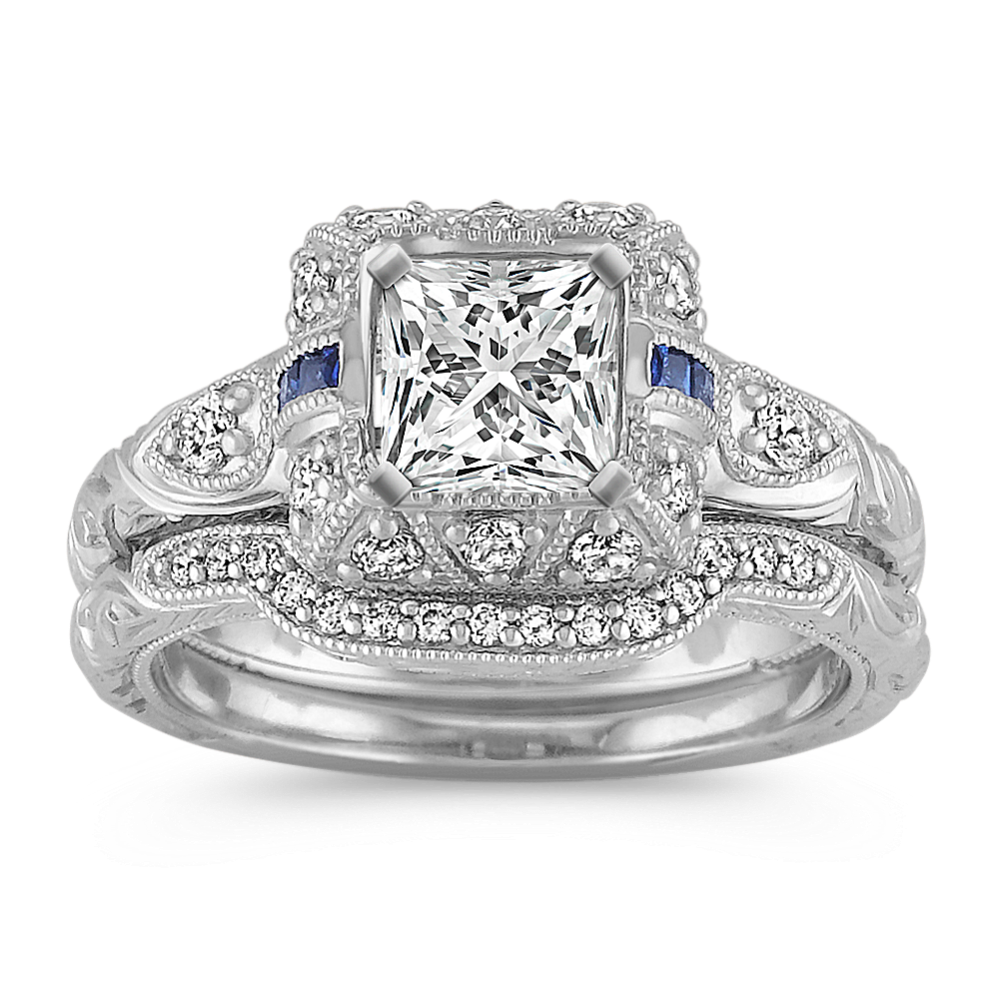 Vintage Halo Princess Cut Sapphire and Round Diamond Wedding Set