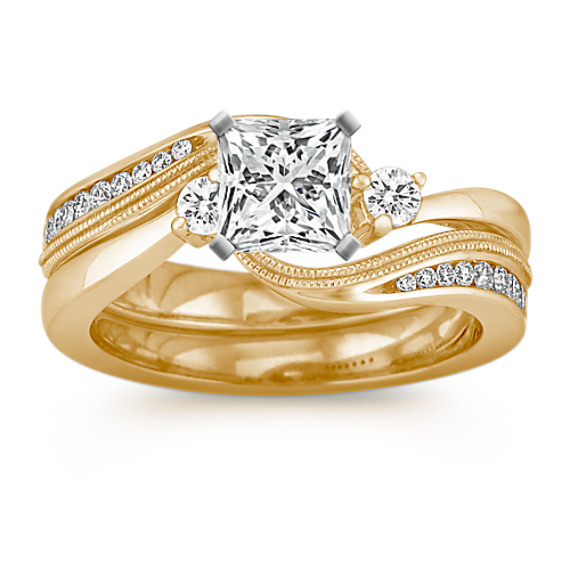 Three-Stone Diamond Swirl Wedding Set in 14k Yellow Gold