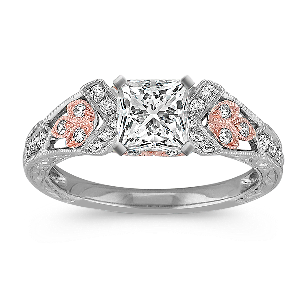 Vintage Diamond Engagement Ring in White Gold with Rose Gold Leaf Accents