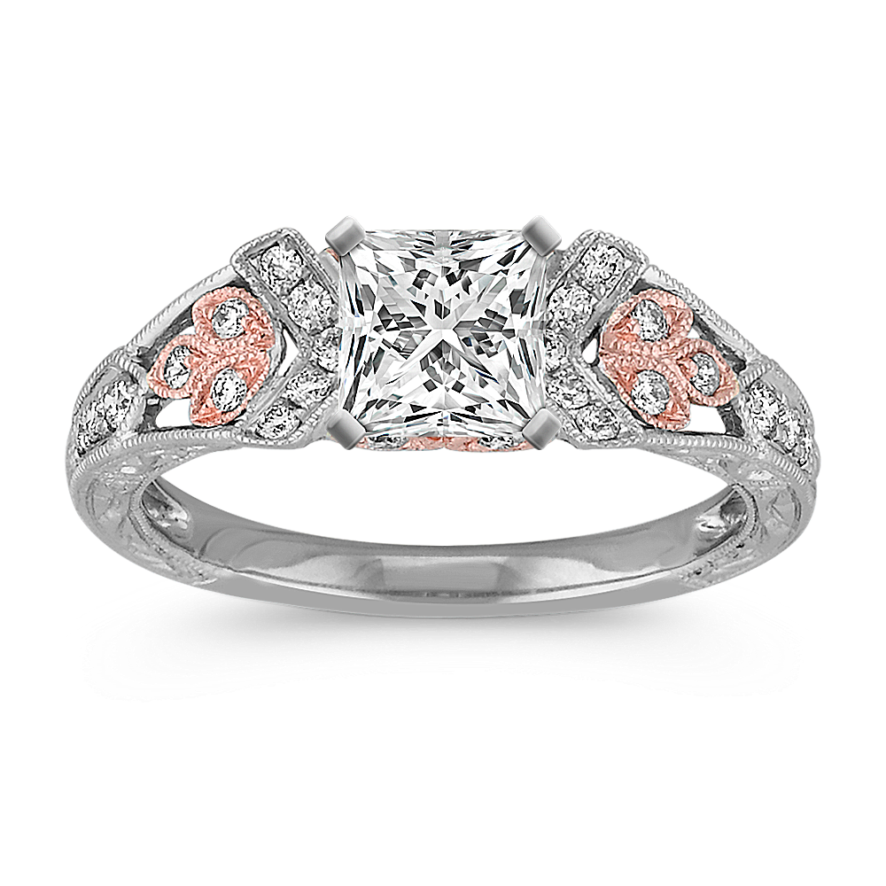 Vintage Diamond Engagement Ring in White Gold with Rose Gold Leaf