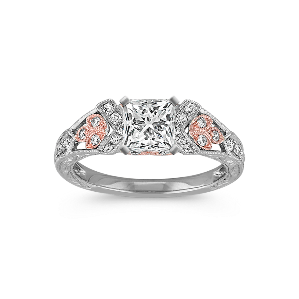 Vintage Natural Diamond Engagement Ring in White Gold with Rose Gold Leaf Accents