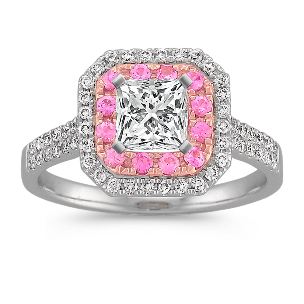Halo Pink Sapphire and Diamond 14k White and Rose Gold Engagement Ring