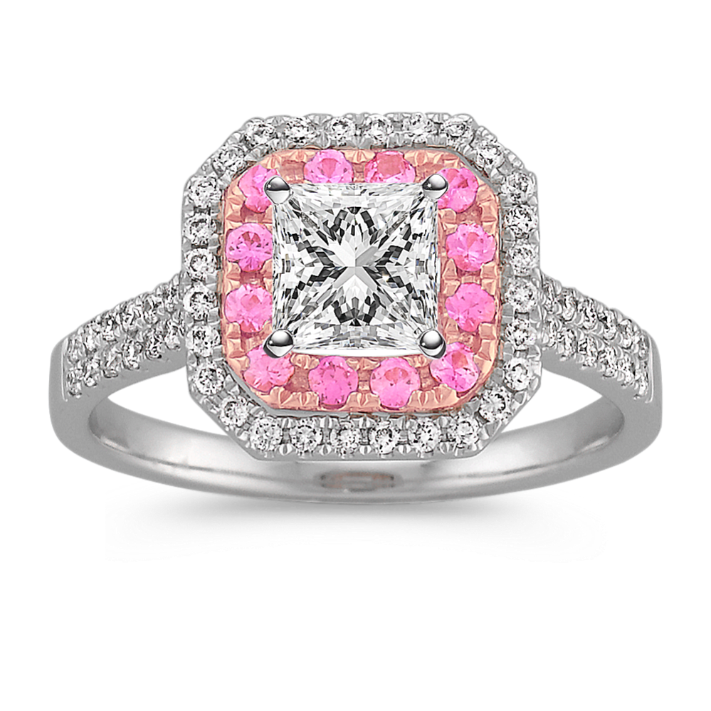 Halo Pink Sapphire and Diamond 14k White and Rose Gold Engagement Ring