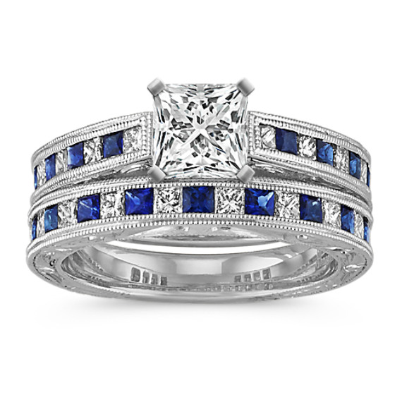 Princess Cut Traditional Sapphire and Round Diamond Wedding Set | Shane Co.