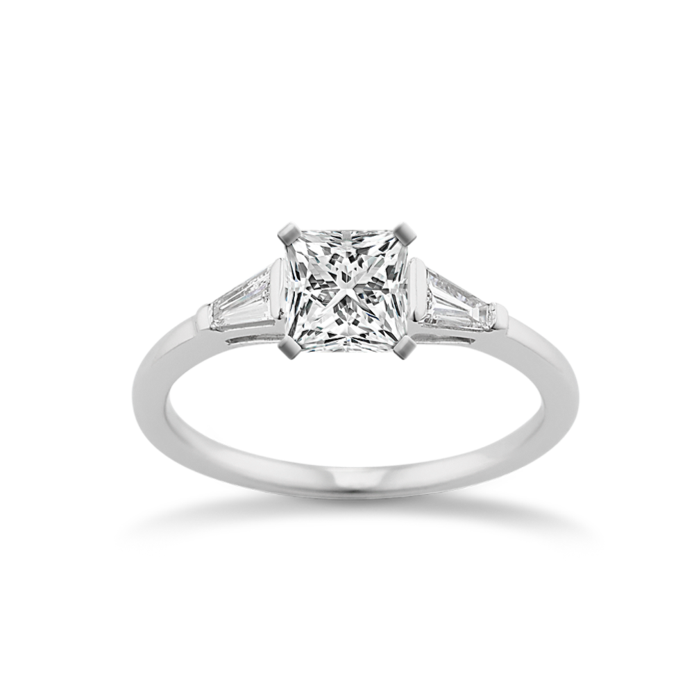 Baguette Natural Diamond Cathedral Engagement Ring in 14k White Gold