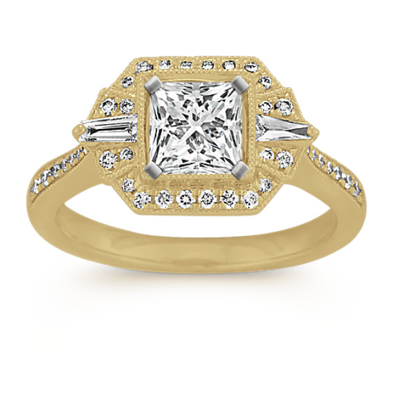 Art Deco Diamond Halo Engagement Ring in 14k Yellow Gold with Princess Cut Diamond