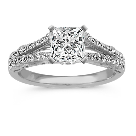 Vintage Round Diamond Split Shank Engagement Ring in Platinum with Princess Cut Diamond