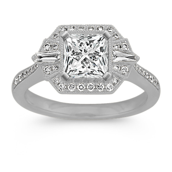 Art Deco Diamond Halo Engagement Ring with Princess Cut Diamond