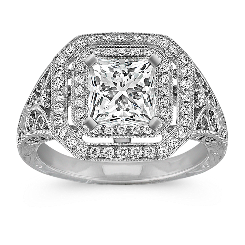 Engraved Vintage Diamond Double Square Halo Engagement Ring