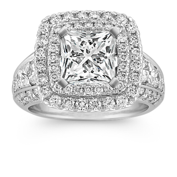 Square Double Halo Engagement Ring With Pave Set Round Diamonds