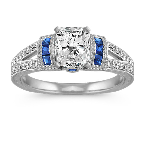 Vintage Princess Cut, Round Sapphire and Round Diamond Engagement Ring