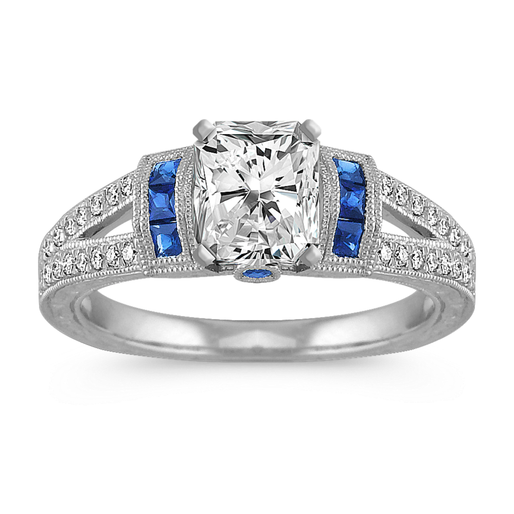 Vintage Princess Cut, Round Sapphire and Round Diamond Engagement Ring