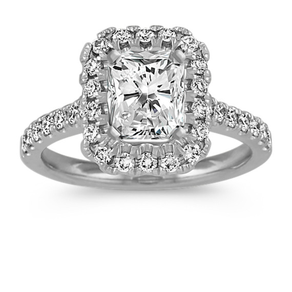 Emerald Halo Diamond Engagement Ring in 14k White Gold with Radiant Diamond