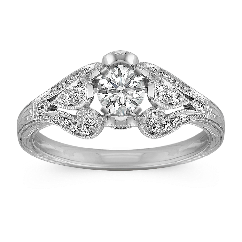 Vintage Cathedral Diamond Engagement Ring with Milgrain and Engraving