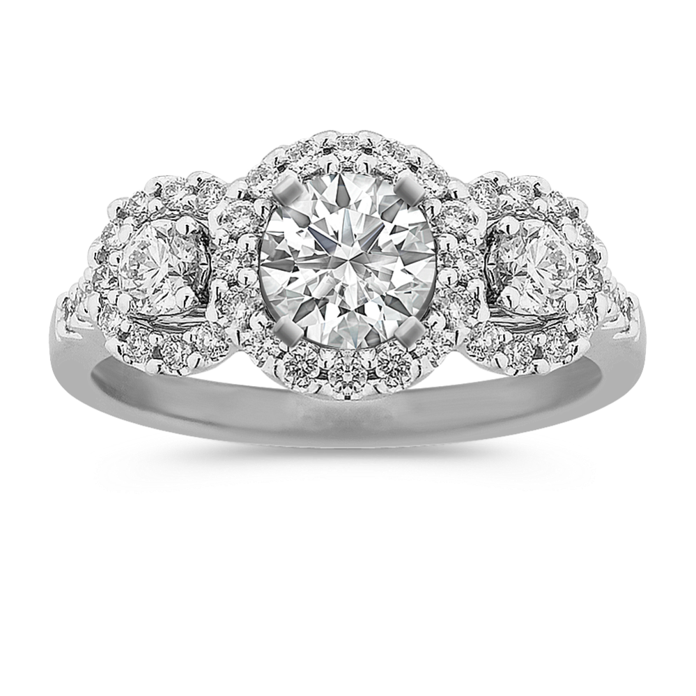 Triple Halo Three-Stone Engagement Ring