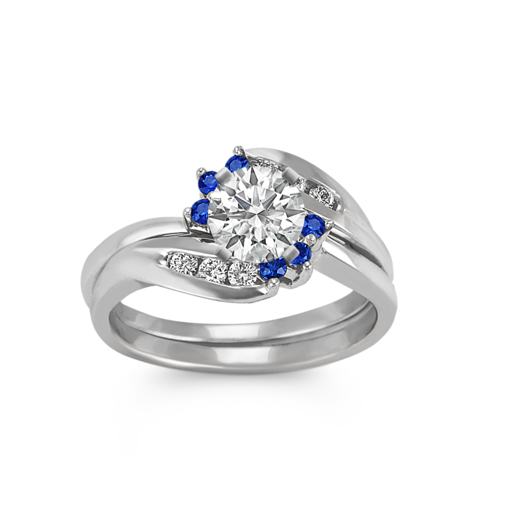 Round Natural Sapphire and Natural Diamond Wedding Set