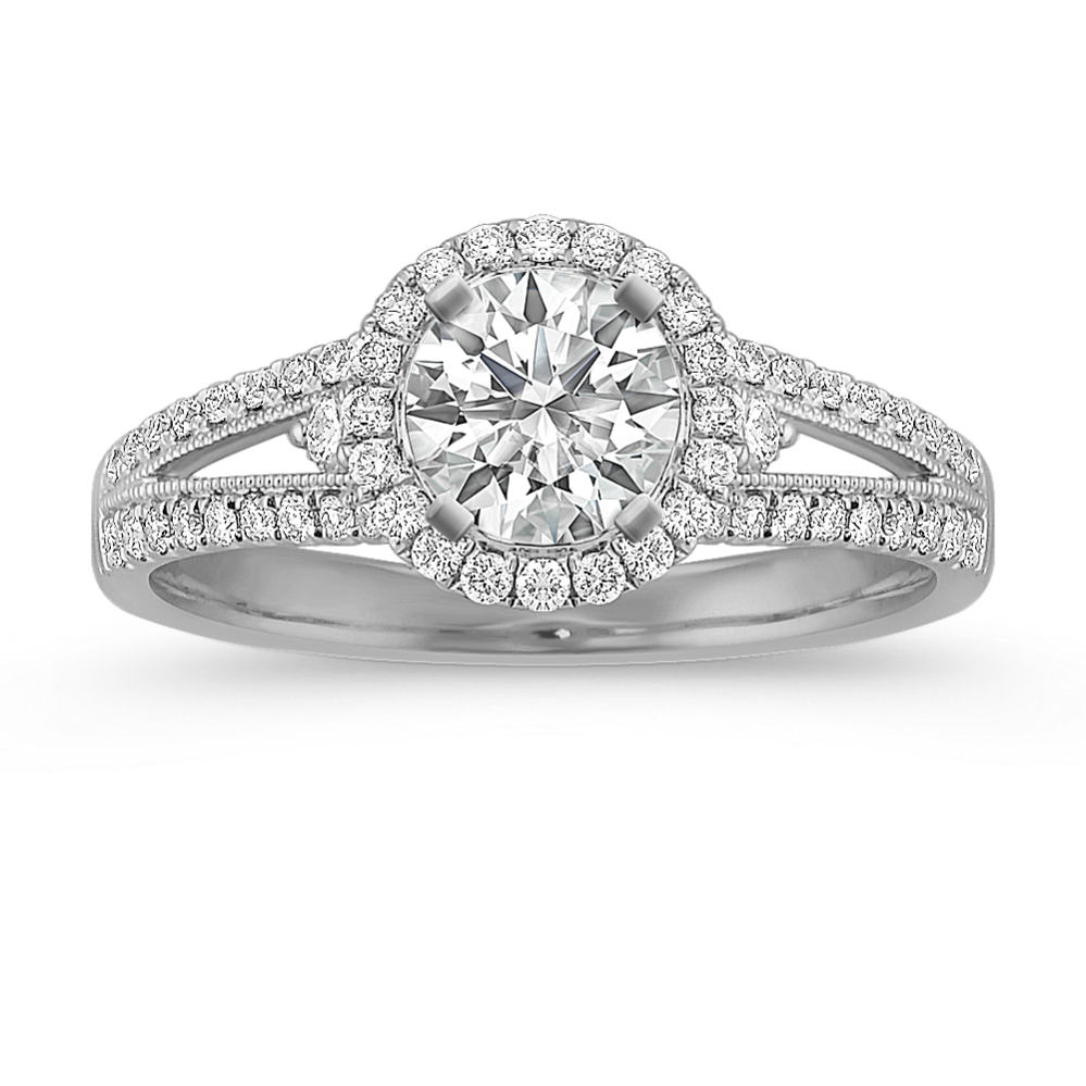 Round Halo Diamond Split Shank Engagement Ring