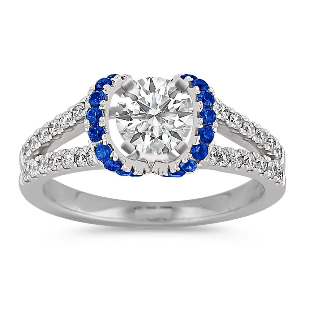 Round Sapphire and Diamond Engagement Ring with Pave Setting