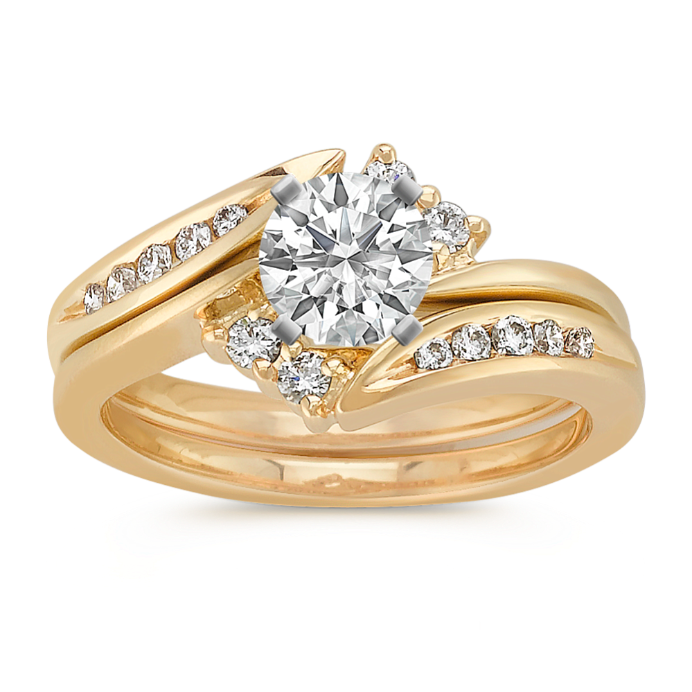 Swirl Round Diamond Wedding Set in 14k Yellow Gold