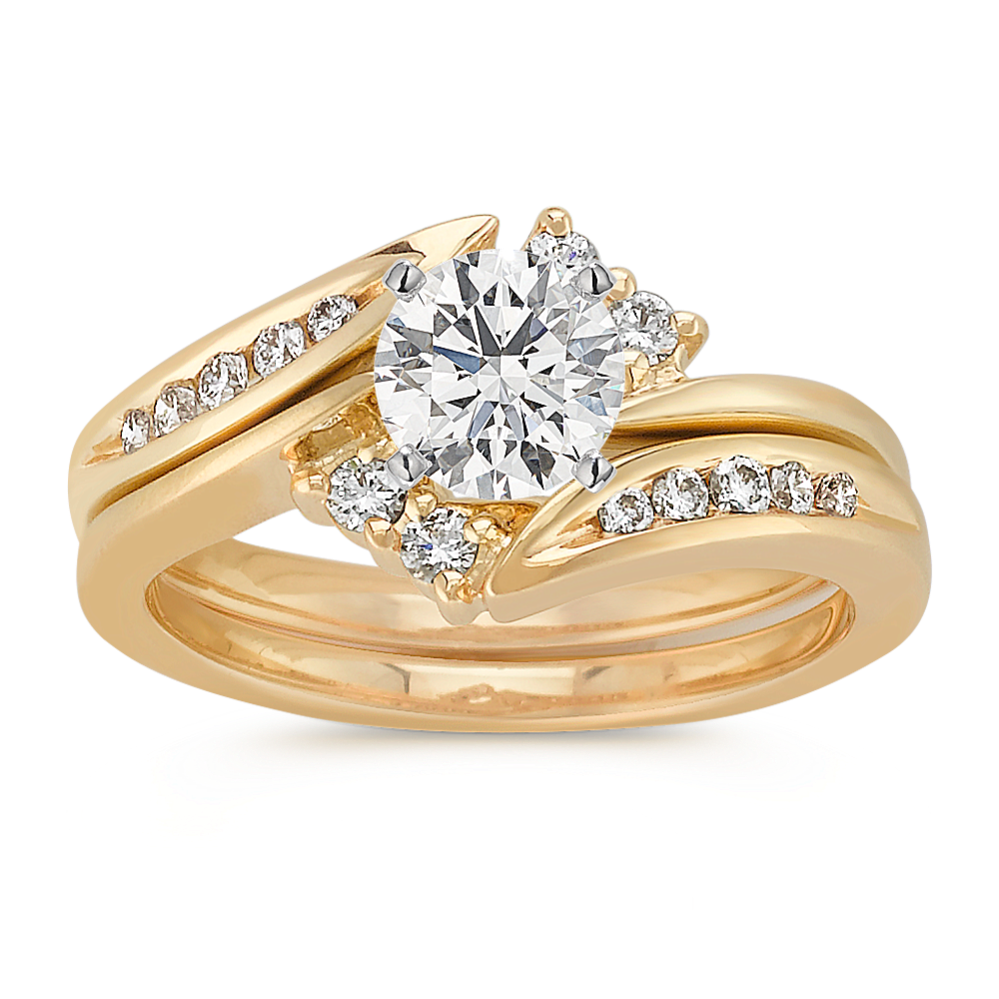 Swirl Round Diamond Wedding Set in 14k Yellow Gold