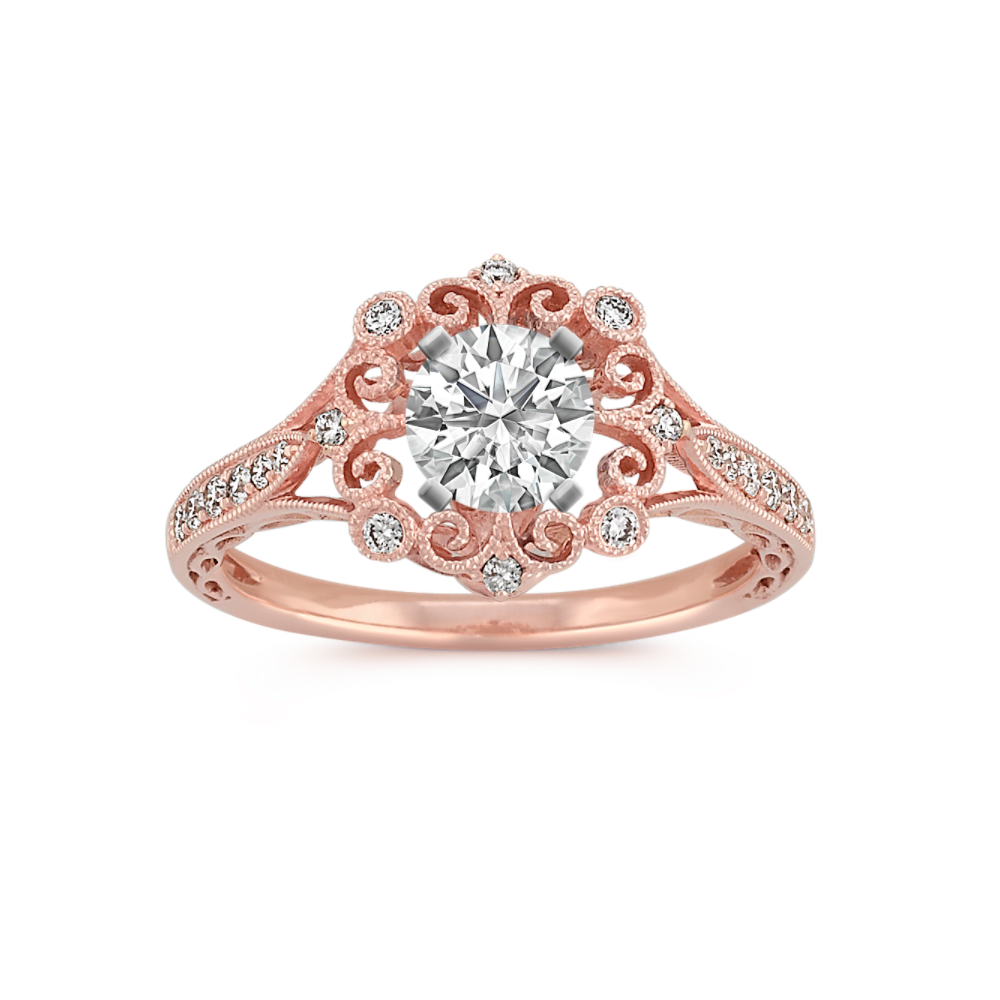 Vintage Round Natural Diamond Engagement Ring in 14k Rose Gold