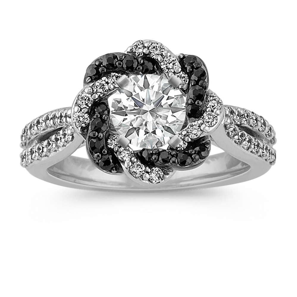 Round Black Sapphire and Round Diamond Braided Twist Halo Engagement Ring