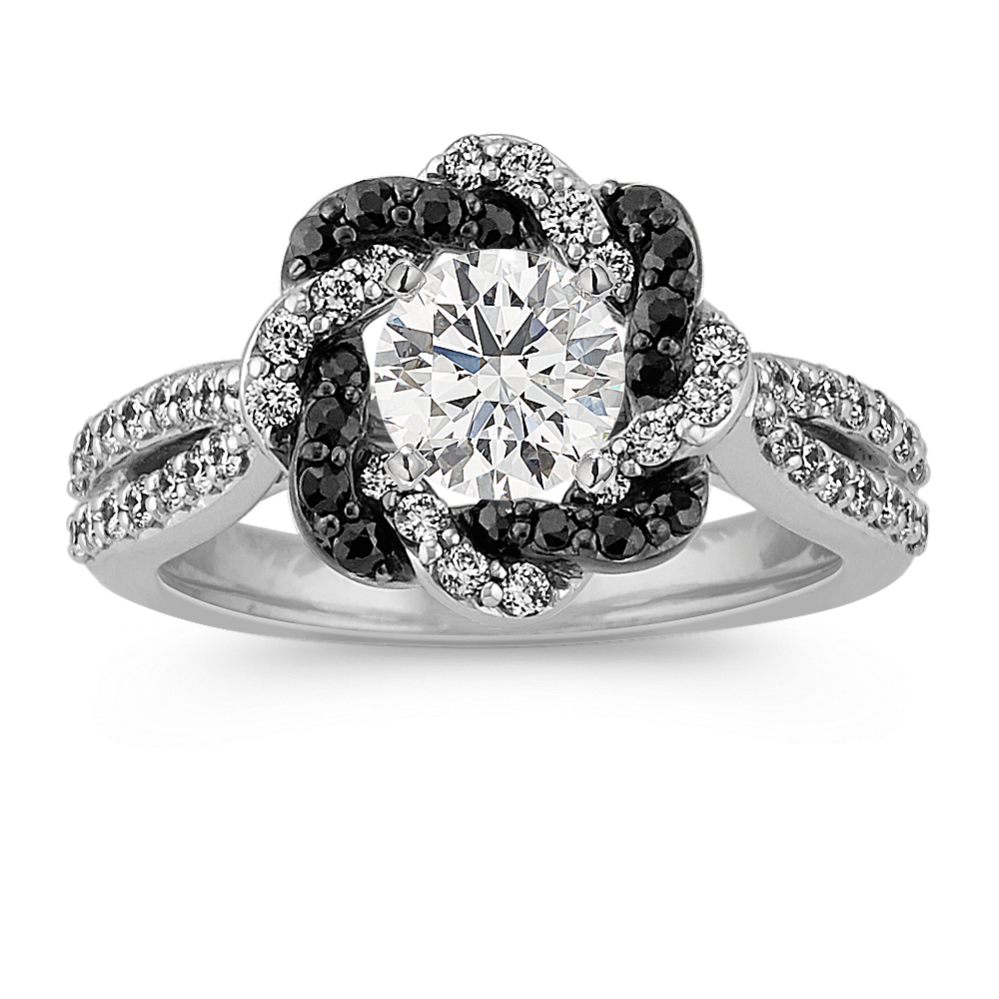 Round Black Sapphire and Round Diamond Braided Twist Halo Engagement Ring