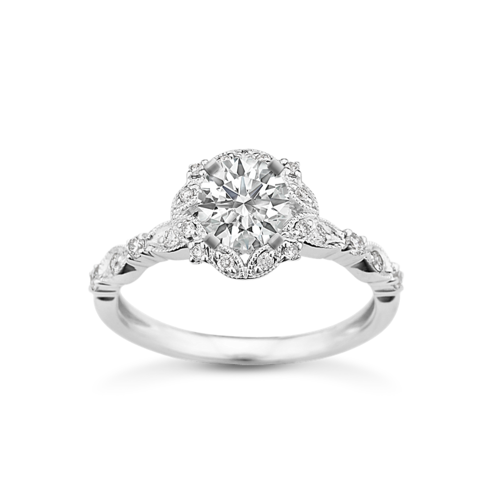 Cecelia Natural Diamond Halo Engagement Ring in 14K White Gold