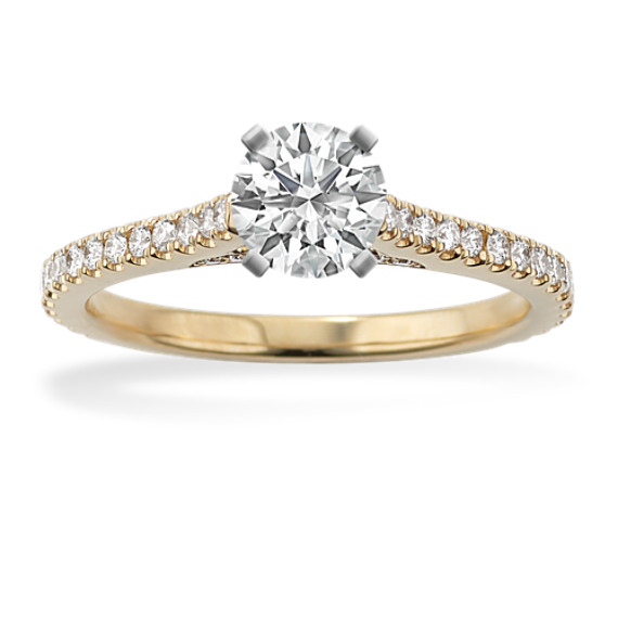 Pave-Set Round Diamond Cathedral Engagement Ring in 14k Yellow Gold with Brilliant Round Diamond