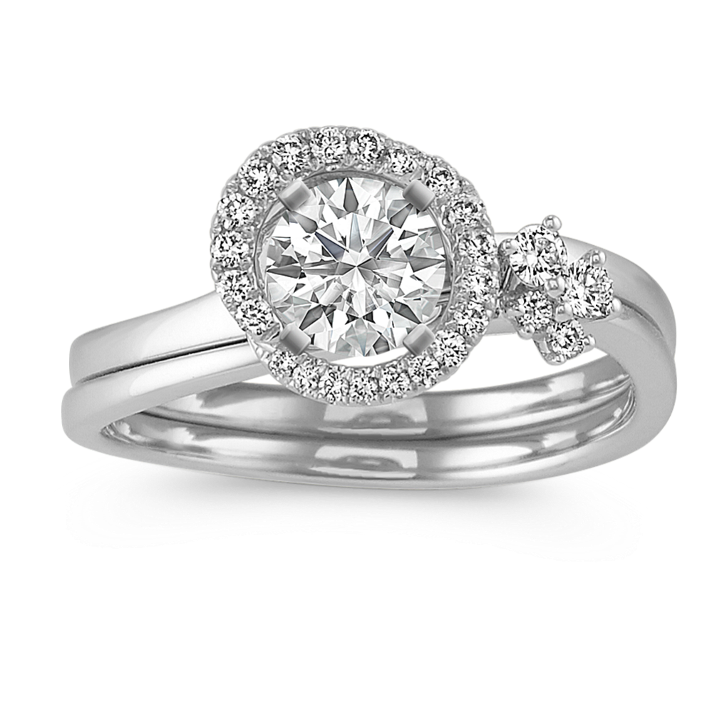 Round Halo Diamond Wedding Set in 14k White Gold
