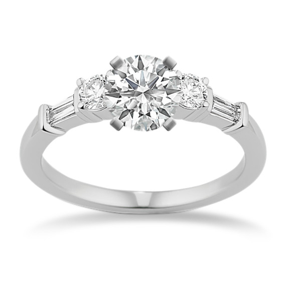 Three-Stone Baguette and Round Diamond Engagement Ring with Brilliant Round Diamond