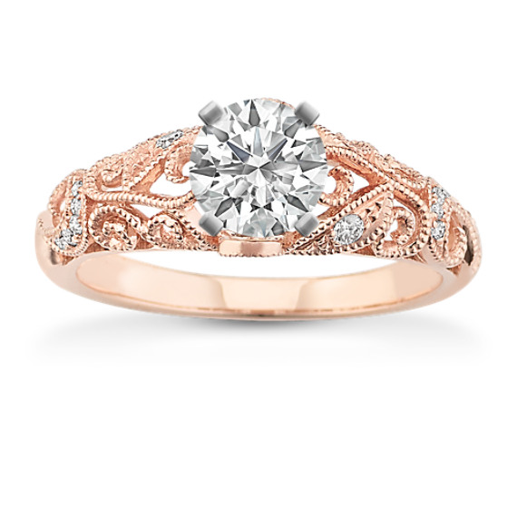 Vintage Diamond Engagement Ring with Pave Setting in Rose Gold with Brilliant Round Diamond