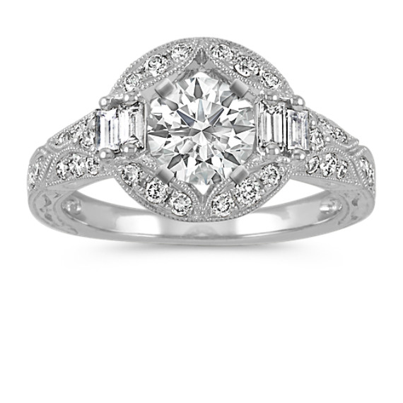 Round and Baguette Diamond Halo Vintage Engagement Ring | Shane Co.