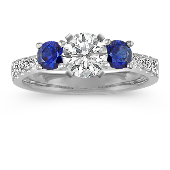 Round Sapphire and Diamond Three-Stone Engagement Ring in 14k White ...