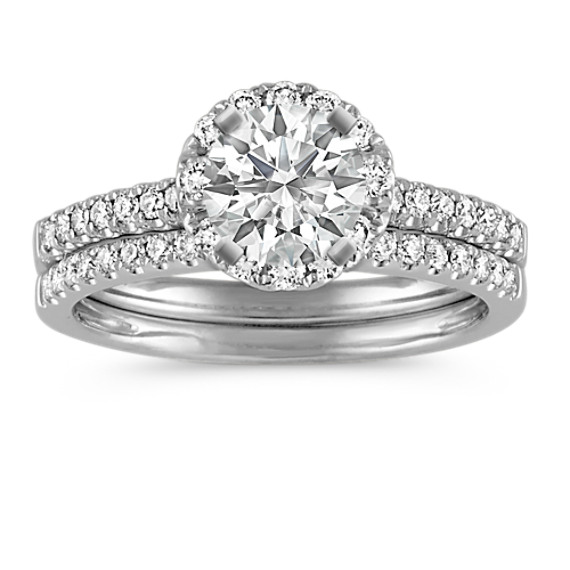 Round Halo Diamond Wedding Set with Pave Setting with Brilliant Round Diamond