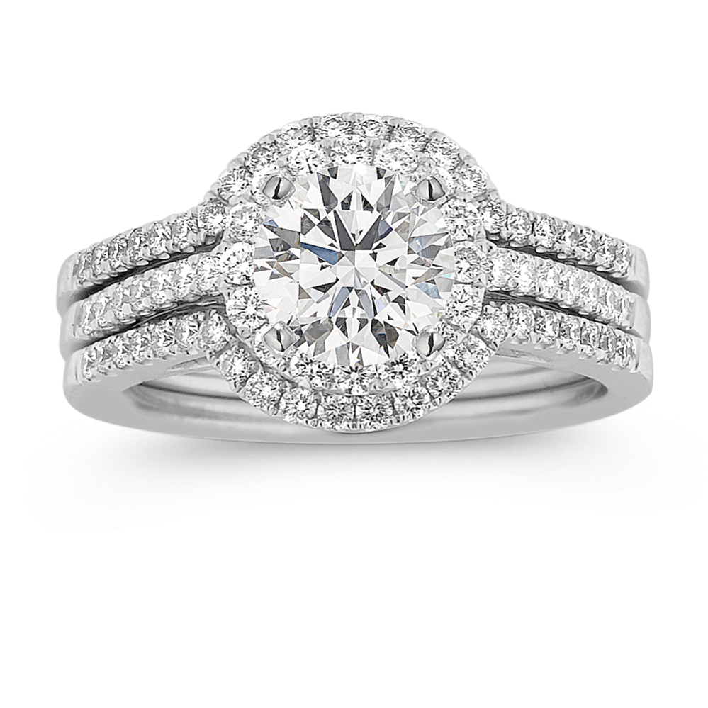 Triple Band Halo Diamond Wedding Set with Pave Setting